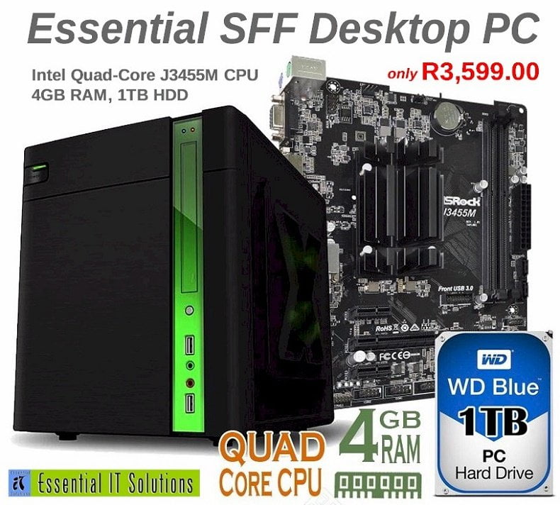 Essential SFF Intel J3455M, 4GB RAM, 1TB HDD Desktop PC