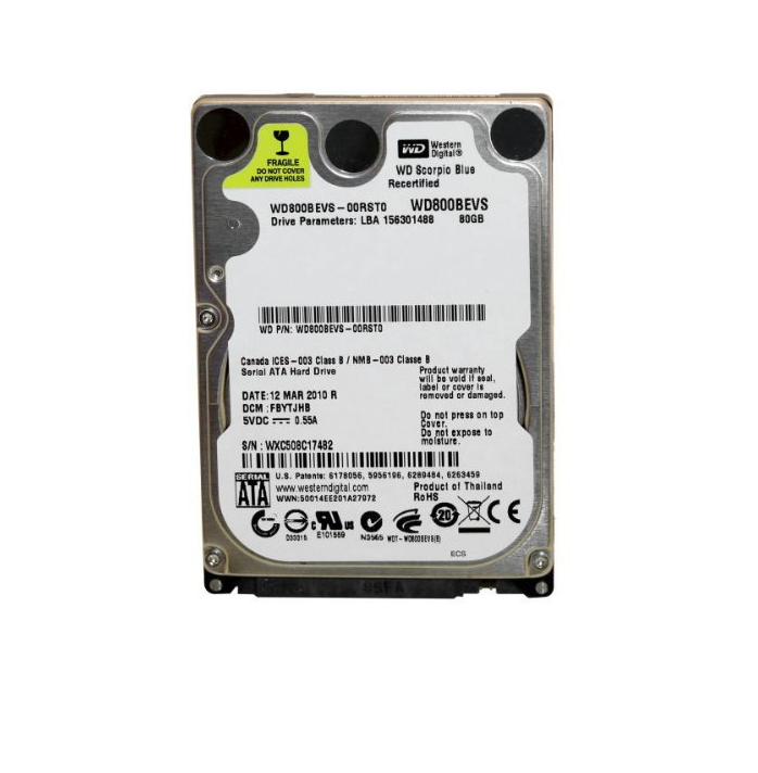 siproduct-721684-492992-1aa69d4c811f10eaab31522cd7659c0de4a121a1 WD800BEVS.jpg. 80GB WD 2.5" SATA 5400rpm 8MB Notebook HD