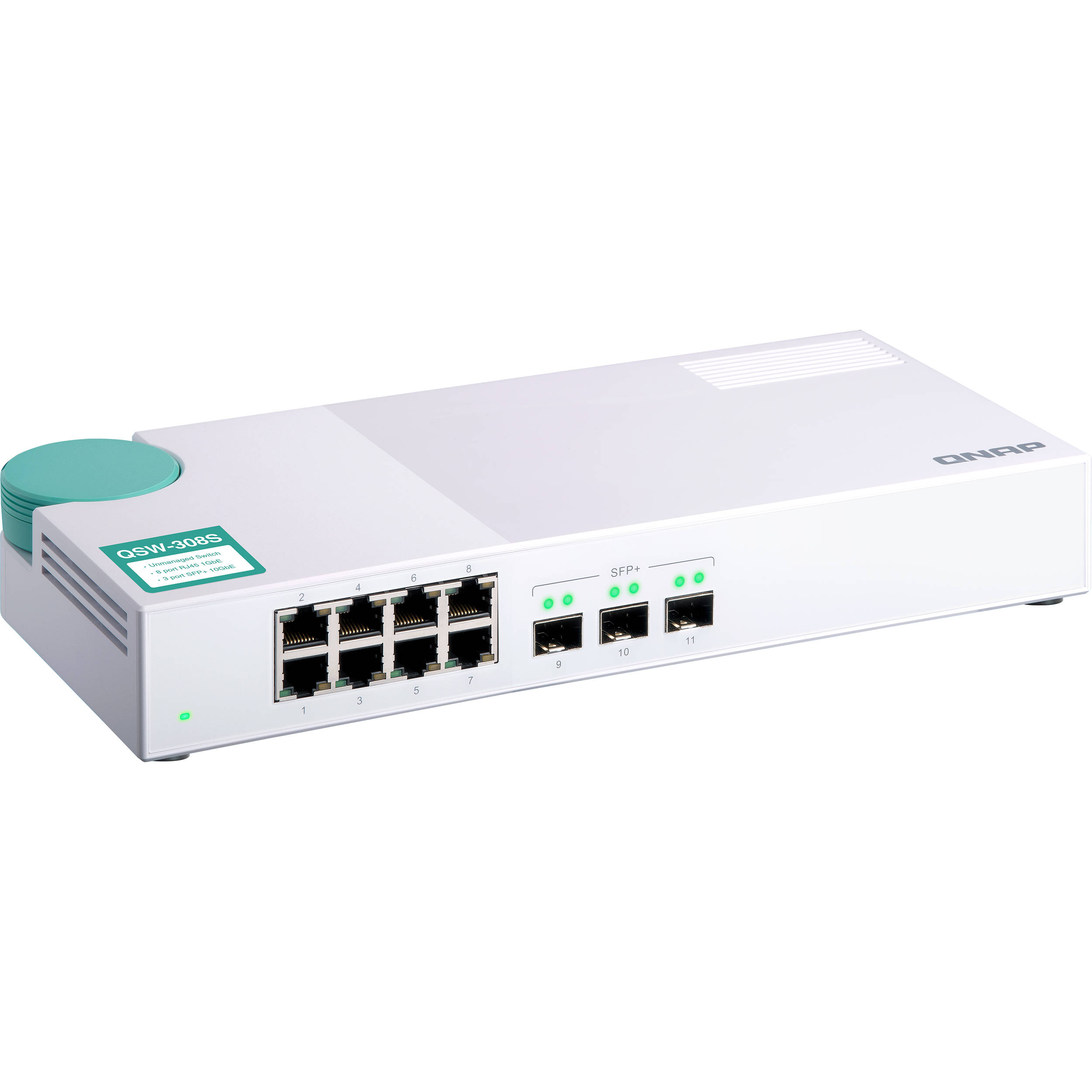 siproduct-722177-493569-8606f3c5d0027c45905da92a6da1ce1c3bed259c QSW-308S.jpg. QNAP Switch with 3x10G SFP+ ports and 8x 1G Ports (Gigabit Ports) Unmanaged Switch
